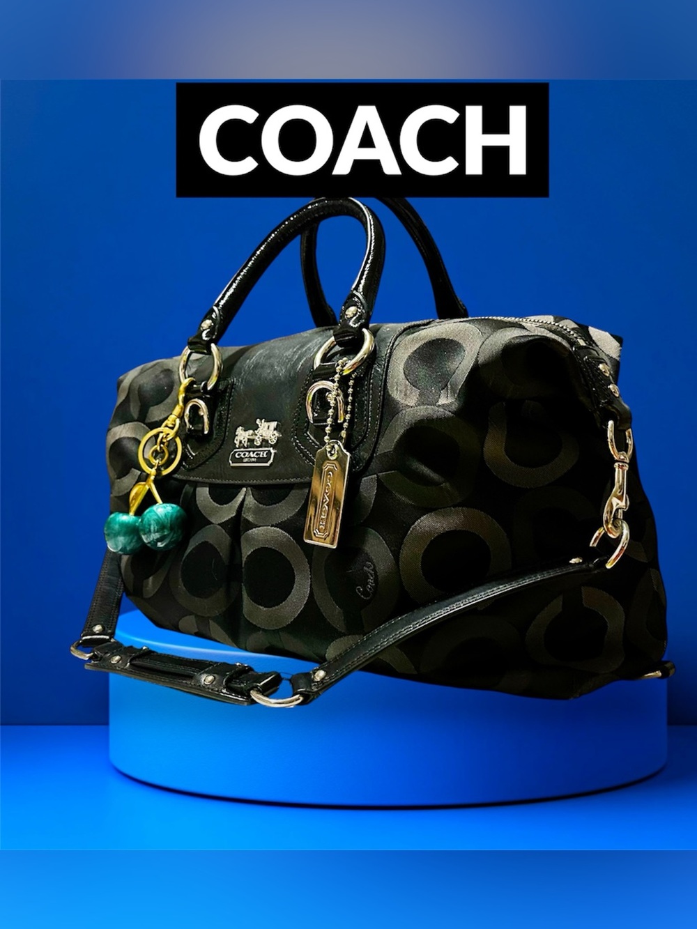 Vintage Coach soho shoulder Bag Black Signature Satchel with Green Cherry Charm - Picture 7 of 17